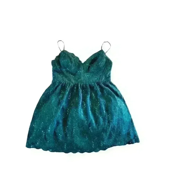 Jules And Cleo Green Lace Mini A Line Dress Spaghetti Strap Scalloped Neckline - Picture 6 of 14